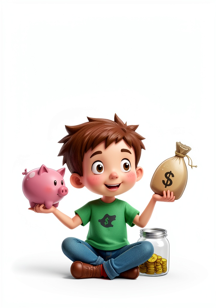 Real-World Money Skills Childrens Book open on a tablet next to a child's piggy bank and allowance money