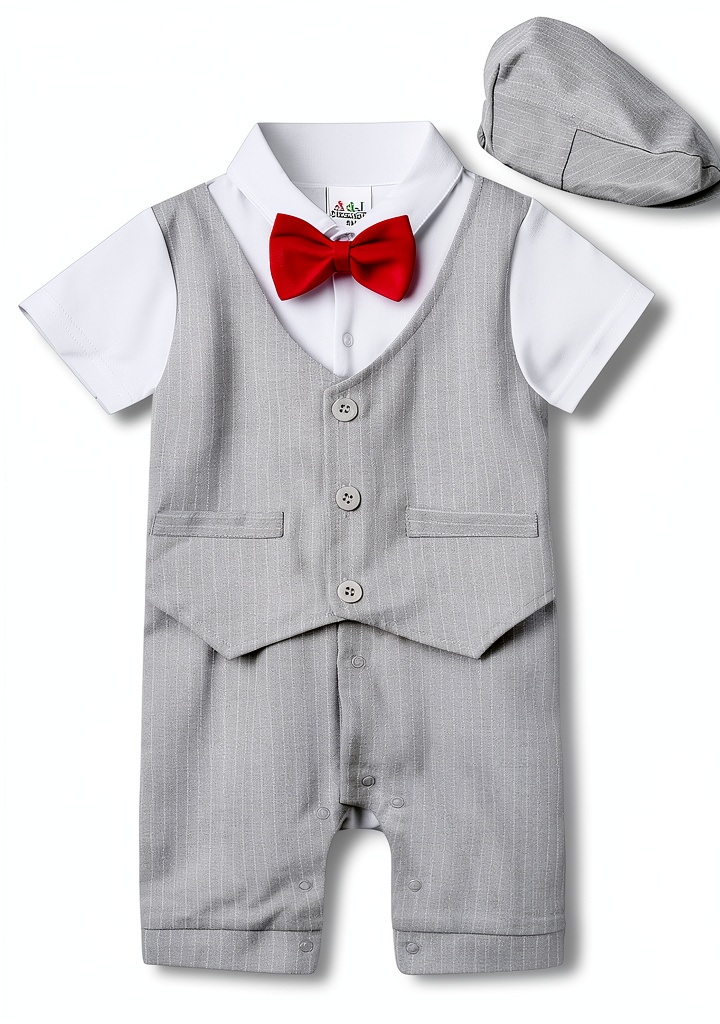 A&J DESIGN baby boy tuxedo showing the romper and detachable bow tie