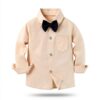 Boys Wedding Outfit Cotton Tuxedo with Bow Tie Suspenders-3