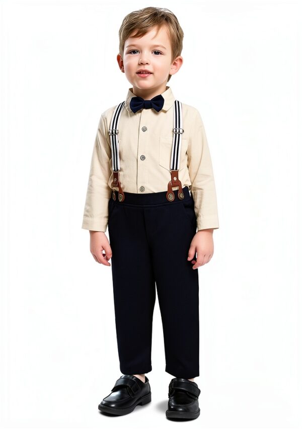 Boys Wedding Outfit Cotton Tuxedo with Bow Tie Suspenders-2