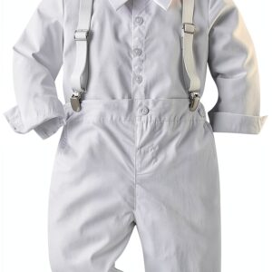 Baby Boy Christening Suit Bowtie Shirt Suspenders Pants Set-0