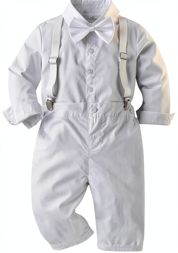 Baby Boy Christening Suit Bowtie Shirt Suspenders Pants Set-0