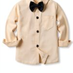 Boys Wedding Outfit Cotton Tuxedo with Bow Tie Suspenders-0