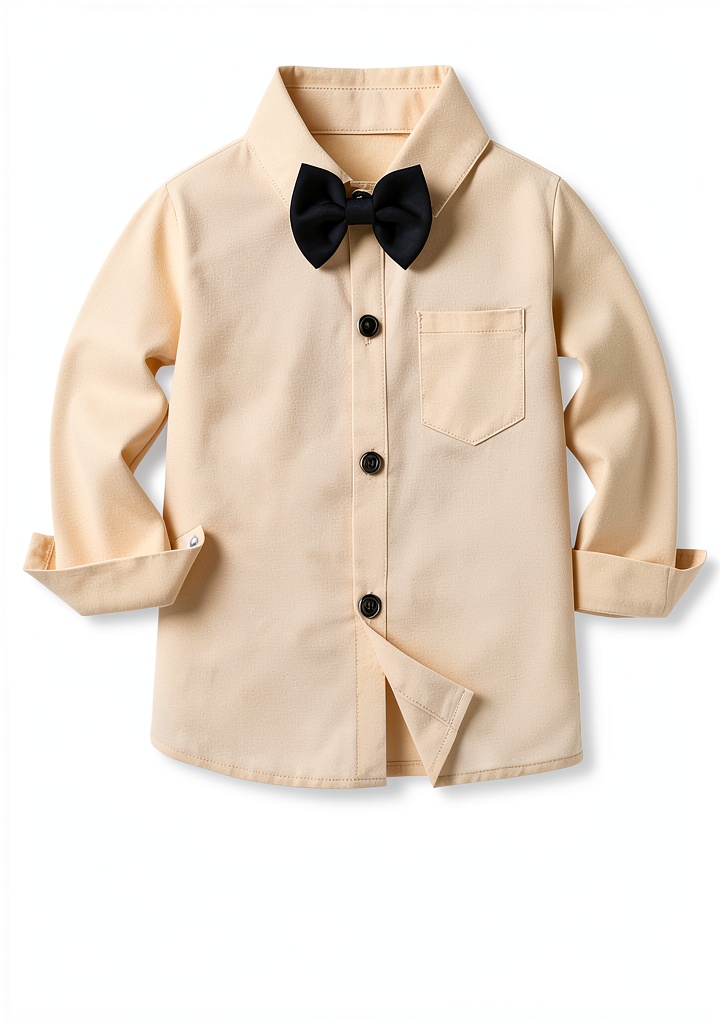 Boys Wedding Outfit Cotton Tuxedo with Bow Tie Suspenders laid out for inspection